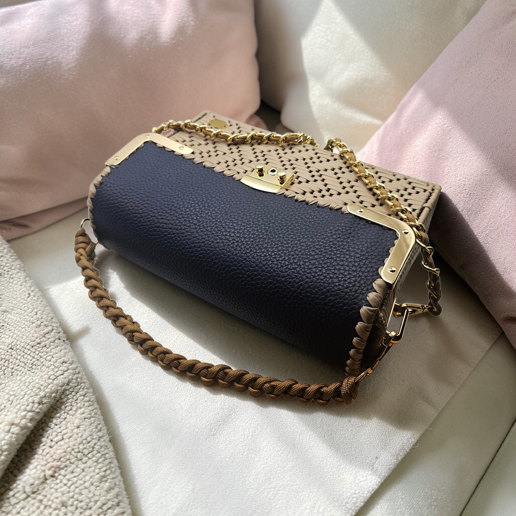 The Valentina Handbag in Navy Blue and Beige