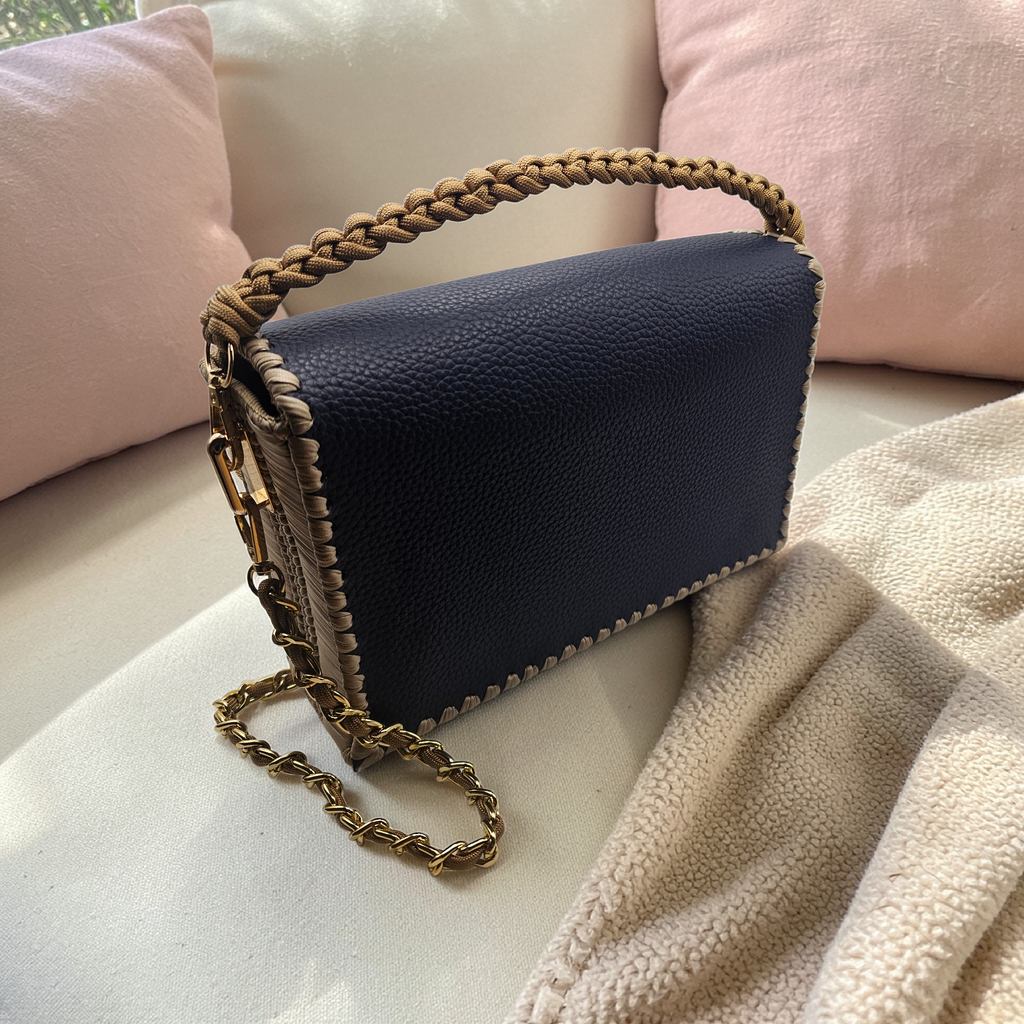 The Valentina Handbag in Navy Blue and Beige