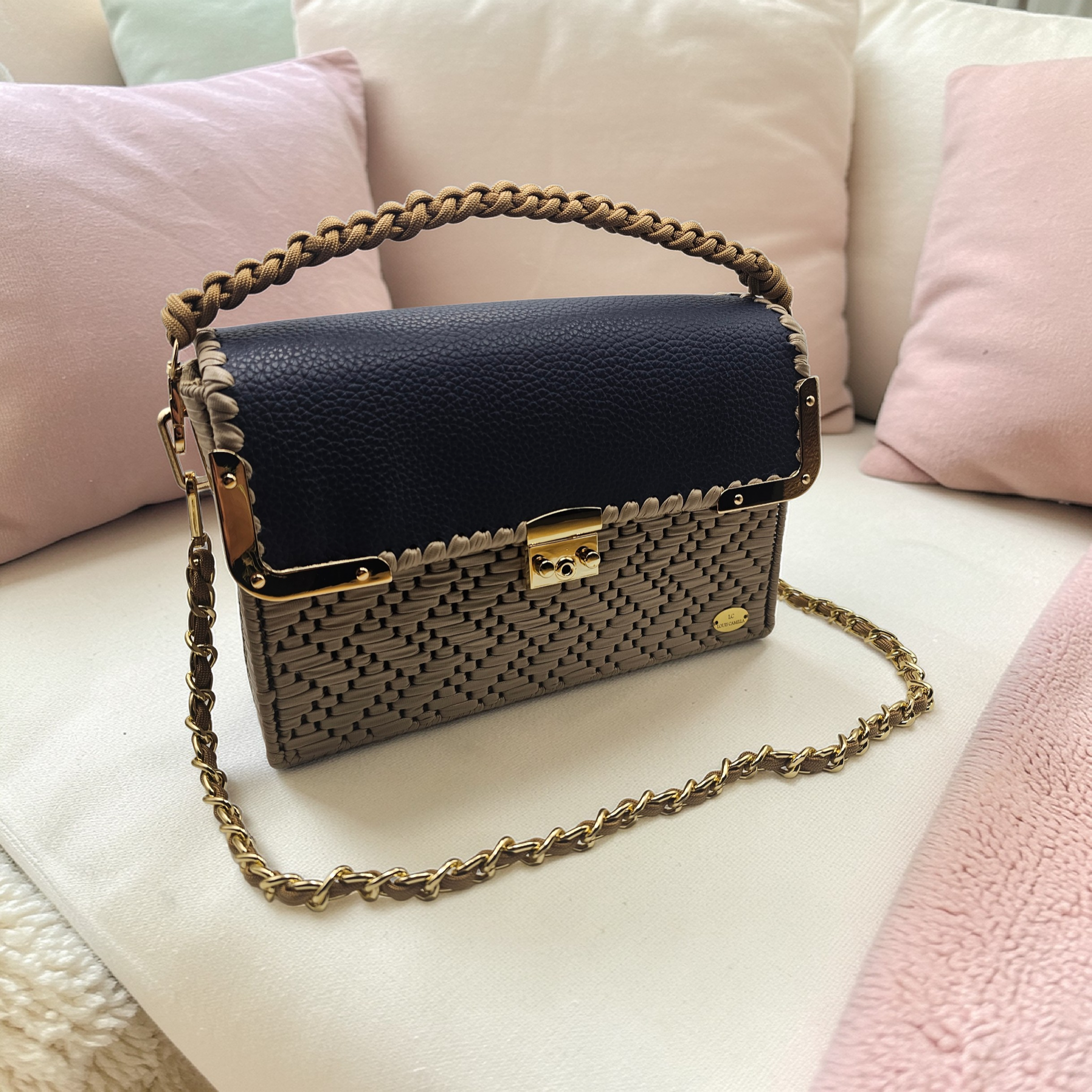 The Valentina Handbag in Navy Blue and Beige